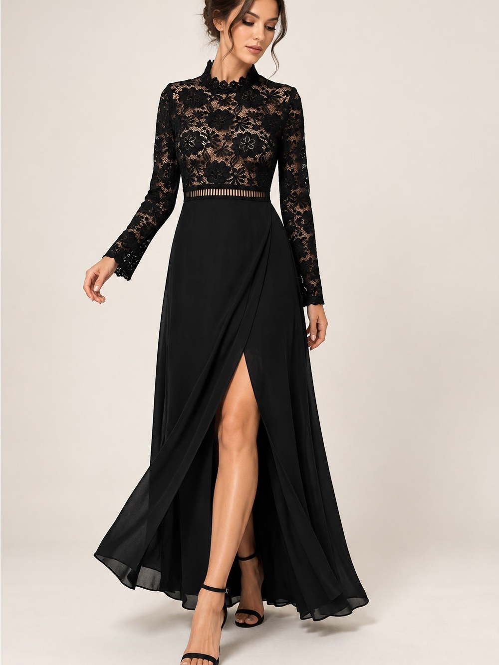 Black Lace Long Sleeve Chiffon Evening Gown